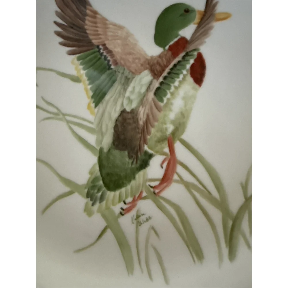 Helen Webb Hand painted Duck In grass Gold Rimmed 12” Platter Vintage